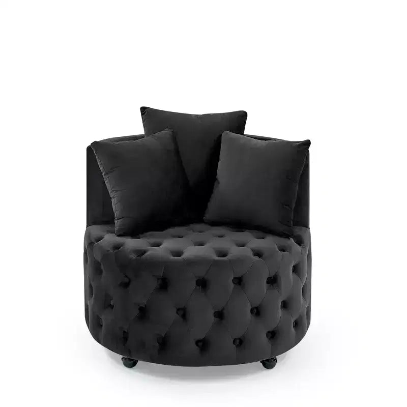 Fauteuil pivotant de salon en velours, avec capitonnage et roulettes mobiles, incluant 3 oreillers, noir