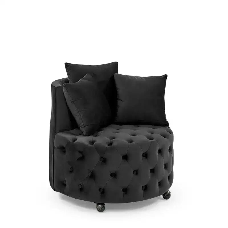 Fauteuil pivotant de salon en velours, avec capitonnage et roulettes mobiles, incluant 3 oreillers, noir