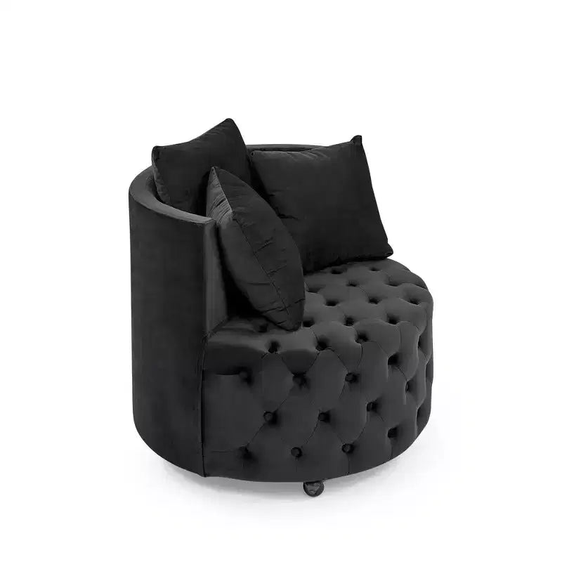 Fauteuil pivotant de salon en velours, avec capitonnage et roulettes mobiles, incluant 3 oreillers, noir
