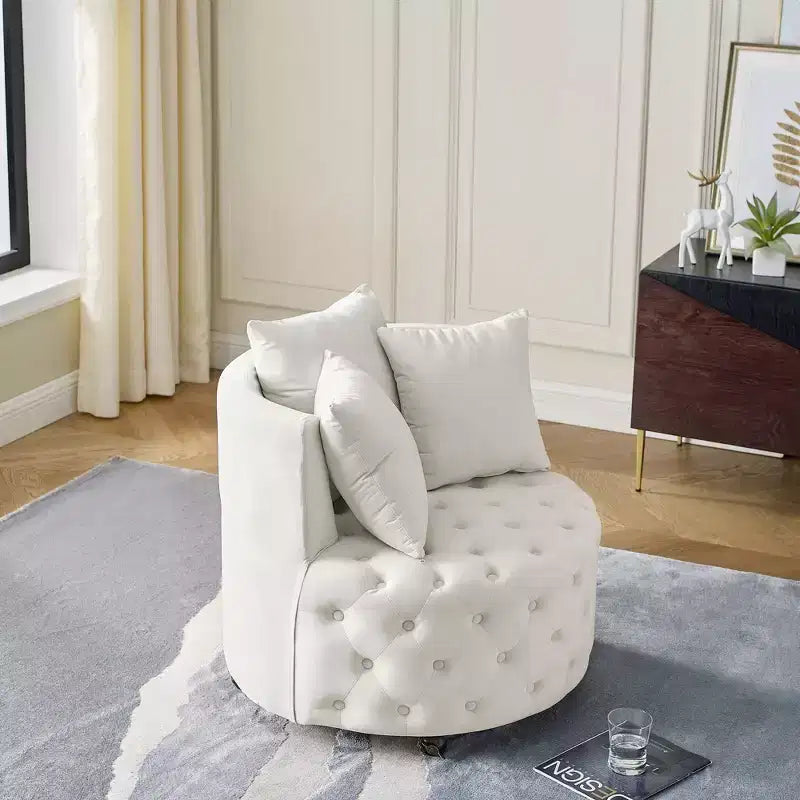 Fauteuil pivotant de salon en velours, avec capitonnage et roulettes mobiles, incluant 3 oreillers, noir