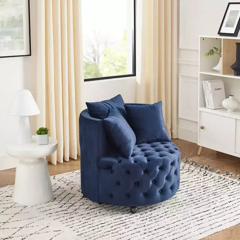 Fauteuil pivotant de salon en velours, avec capitonnage et roulettes mobiles, incluant 3 oreillers, noir