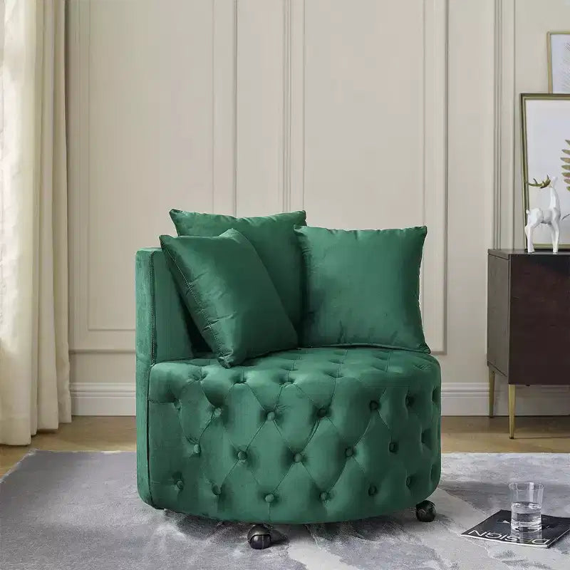 Fauteuil pivotant de salon en velours, avec capitonnage et roulettes mobiles, incluant 3 oreillers, noir