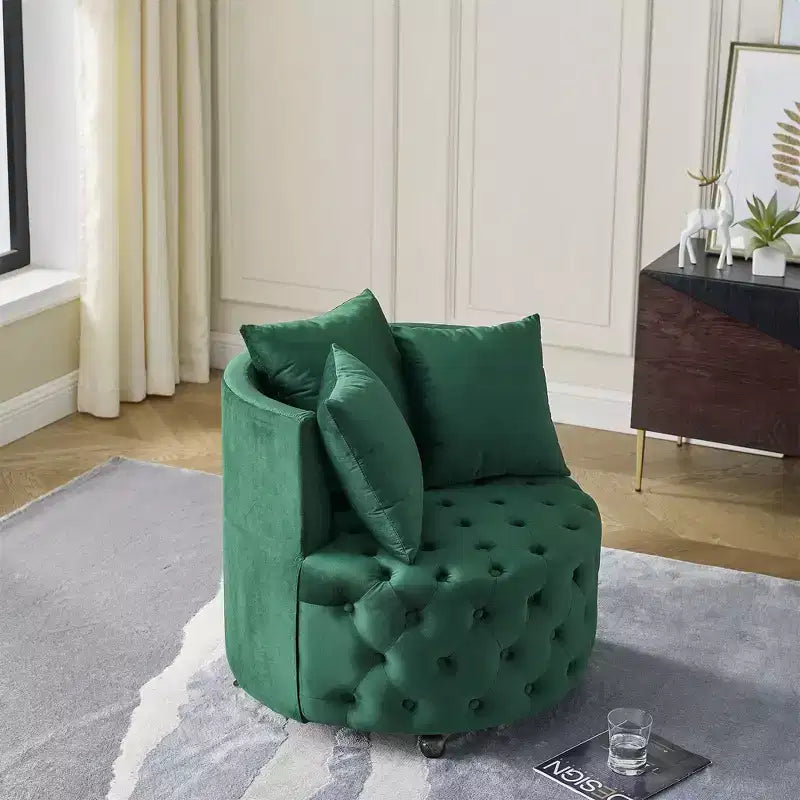 Fauteuil pivotant de salon en velours, avec capitonnage et roulettes mobiles, incluant 3 oreillers, noir