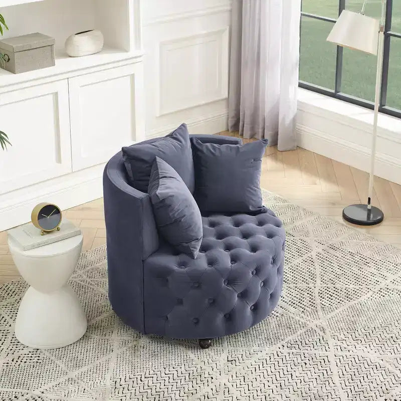 Fauteuil pivotant de salon en velours, avec capitonnage et roulettes mobiles, incluant 3 oreillers, noir