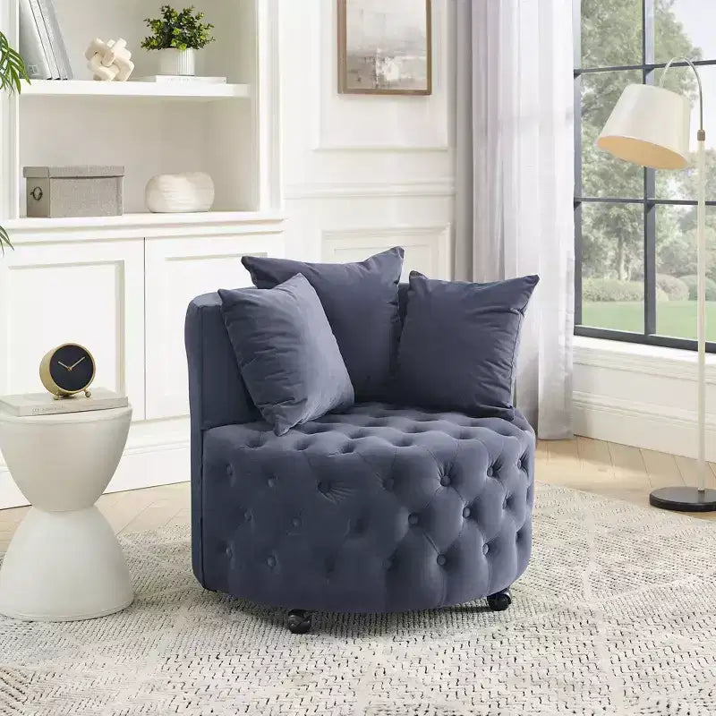 Fauteuil pivotant de salon en velours, avec capitonnage et roulettes mobiles, incluant 3 oreillers, noir