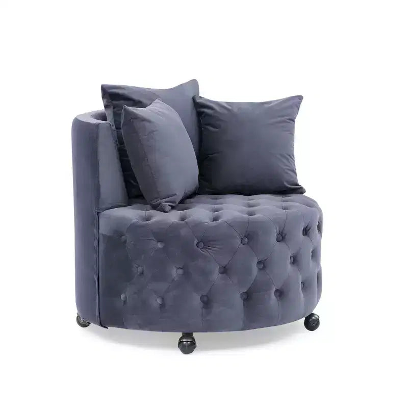 Fauteuil pivotant de salon en velours, avec capitonnage et roulettes mobiles, incluant 3 oreillers, noir