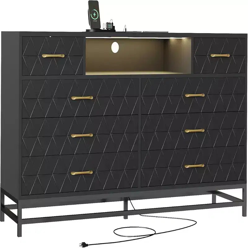 Zstar Modern 8-Drawer Dresser with Built-in USB and AC Charging Stations, LED Lights, Black