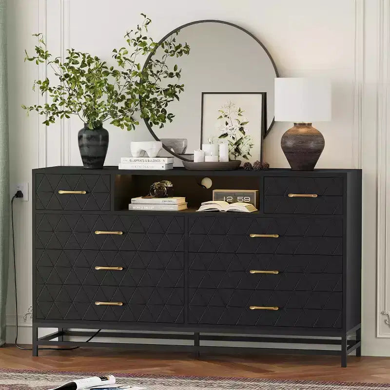 Commode Zstar Modern à 8 tiroirs avec stations de charge USB et CA intégrées, lumières DEL, noire