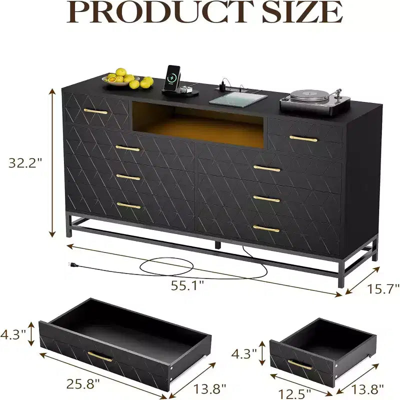 Commode Zstar Modern à 8 tiroirs avec stations de charge USB et CA intégrées, lumières DEL, noire
