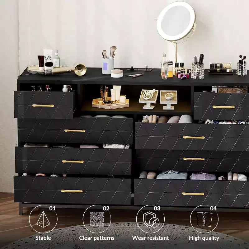 Commode Zstar Modern à 8 tiroirs avec stations de charge USB et CA intégrées, lumières DEL, noire