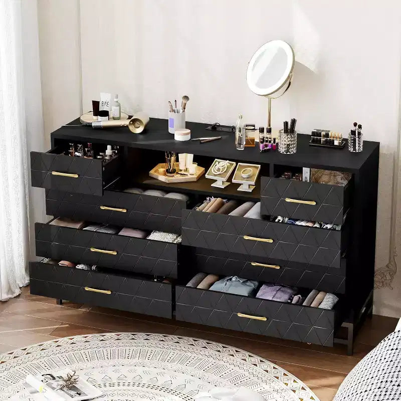 Commode Zstar Modern à 8 tiroirs avec stations de charge USB et CA intégrées, lumières DEL, noire
