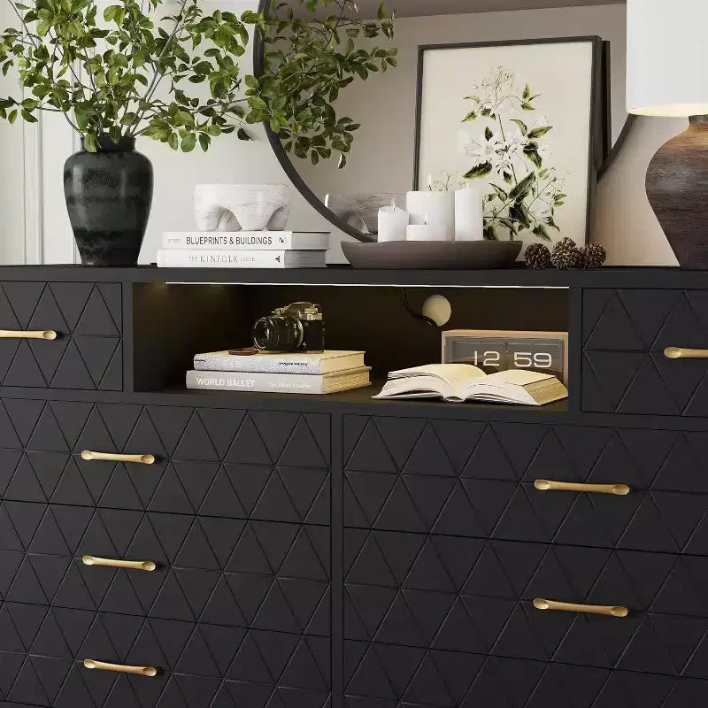 Commode Zstar Modern à 8 tiroirs avec stations de charge USB et CA intégrées, lumières DEL, noire