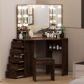 Corner Vanity Desk Set with 3 Lighted Mirrors, Makeup Vanity Table with Charging Station, Dressing Table with Drawers Storage Bench for Bedroom