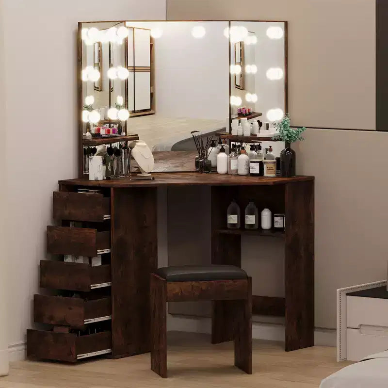Corner Vanity Desk Set with 3 Lighted Mirrors, Makeup Vanity Table with Charging Station, Dressing Table with Drawers Storage Bench for Bedroom