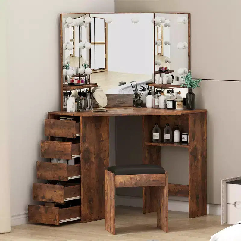 Coiffeuse d'angle avec 3 miroirs éclairés, Table de maquillage avec station de recharge, Coiffeuse avec tiroirs de rangement et banc pour chambre à coucher