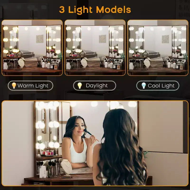 Coiffeuse d'angle avec 3 miroirs éclairés, Table de maquillage avec station de recharge, Coiffeuse avec tiroirs de rangement et banc pour chambre à coucher