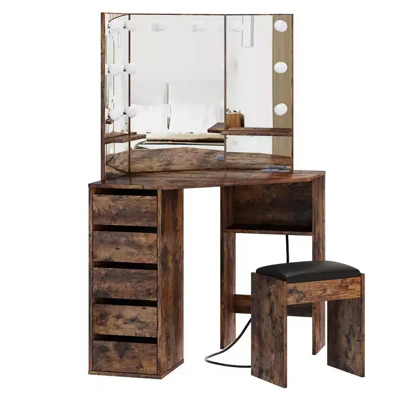 Coiffeuse d'angle avec 3 miroirs éclairés, Table de maquillage avec station de recharge, Coiffeuse avec tiroirs de rangement et banc pour chambre à coucher
