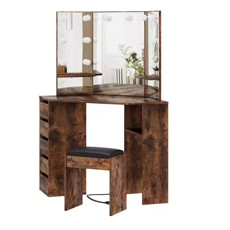Coiffeuse d'angle avec 3 miroirs éclairés, Table de maquillage avec station de recharge, Coiffeuse avec tiroirs de rangement et banc pour chambre à coucher