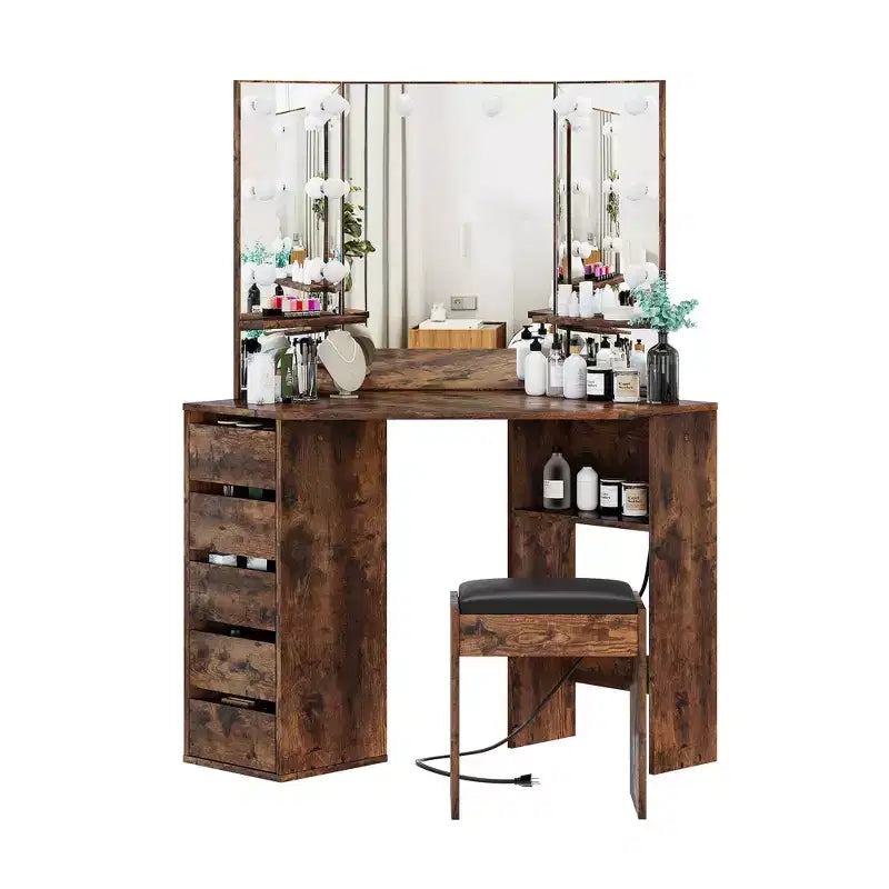 Coiffeuse d'angle avec 3 miroirs éclairés, Table de maquillage avec station de recharge, Coiffeuse avec tiroirs de rangement et banc pour chambre à coucher
