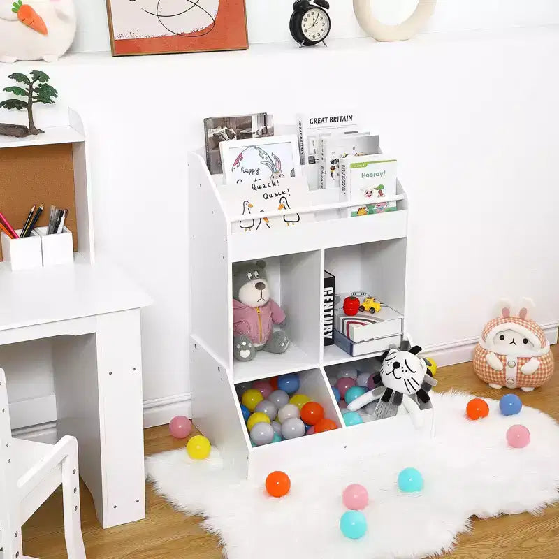 Kids Bookshelf and Toy Storage, Wood Book Shelf Organizer for Toddler, Playroom Storage, Children's Storage Cabinet, White Bookshelf Organizer