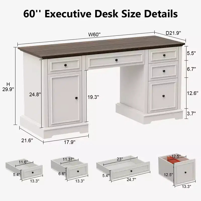 Dyonery 60 Bureau de direction rustique avec tiroirs et classeur, texture bois gaufré, bureau à domicile, espace de travail pour le travail, les études et l'écriture