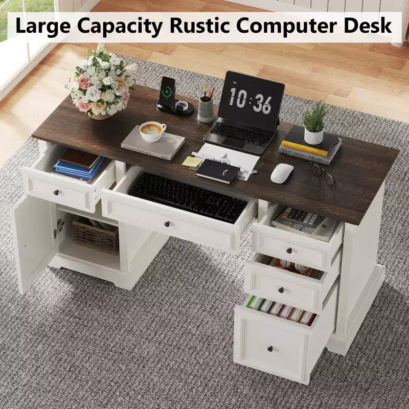 Dyonery 60 Bureau de direction rustique avec tiroirs et classeur, texture bois gaufré, bureau à domicile, espace de travail pour le travail, les études et l'écriture