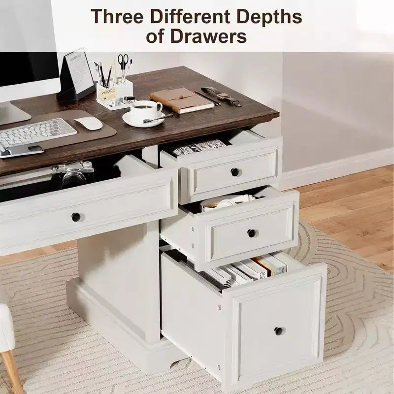 Dyonery 60 Bureau de direction rustique avec tiroirs et classeur, texture bois gaufré, bureau à domicile, espace de travail pour le travail, les études et l'écriture