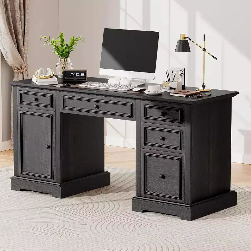Dyonery 60 Bureau de direction rustique avec tiroirs et classeur, texture bois gaufré, bureau à domicile, espace de travail pour le travail, les études et l'écriture