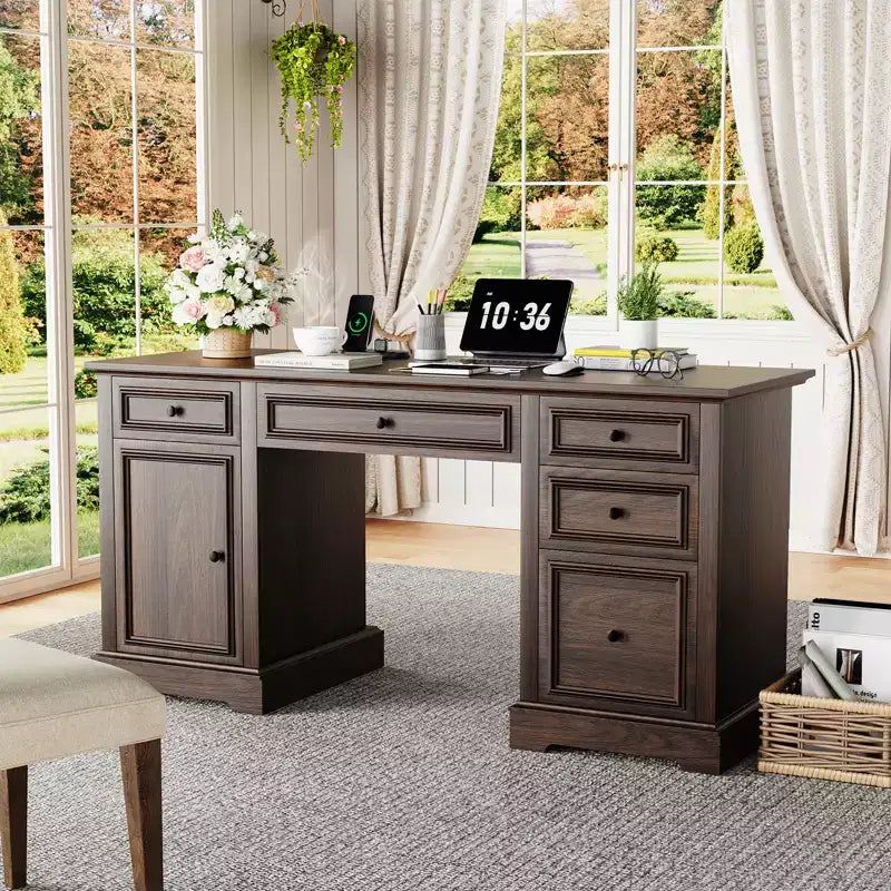 Dyonery 60 Bureau de direction rustique avec tiroirs et classeur, texture bois gaufré, bureau à domicile, espace de travail pour le travail, les études et l'écriture