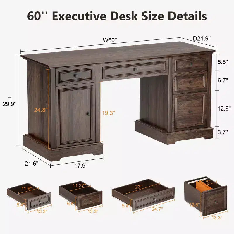 Dyonery 60 Bureau de direction rustique avec tiroirs et classeur, texture bois gaufré, bureau à domicile, espace de travail pour le travail, les études et l'écriture
