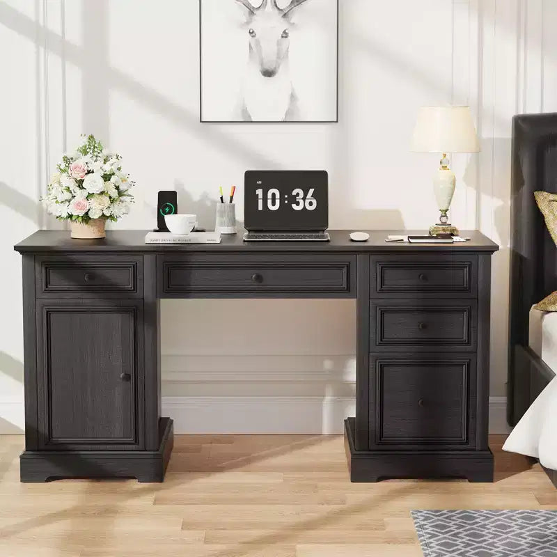 Dyonery 60 Rustic Executive Office Desk with Drawers and File Cabinet Embossed Texture Wood Home Office Desk,Workspace for Work Study Writing