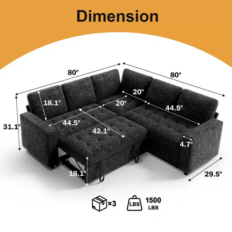 Canapé superposé modulaire Dyonery avec lit gigogne, canapé modulaire combiné 5 places en L, dossier réglable/siège de rangement, assemblage sans outils