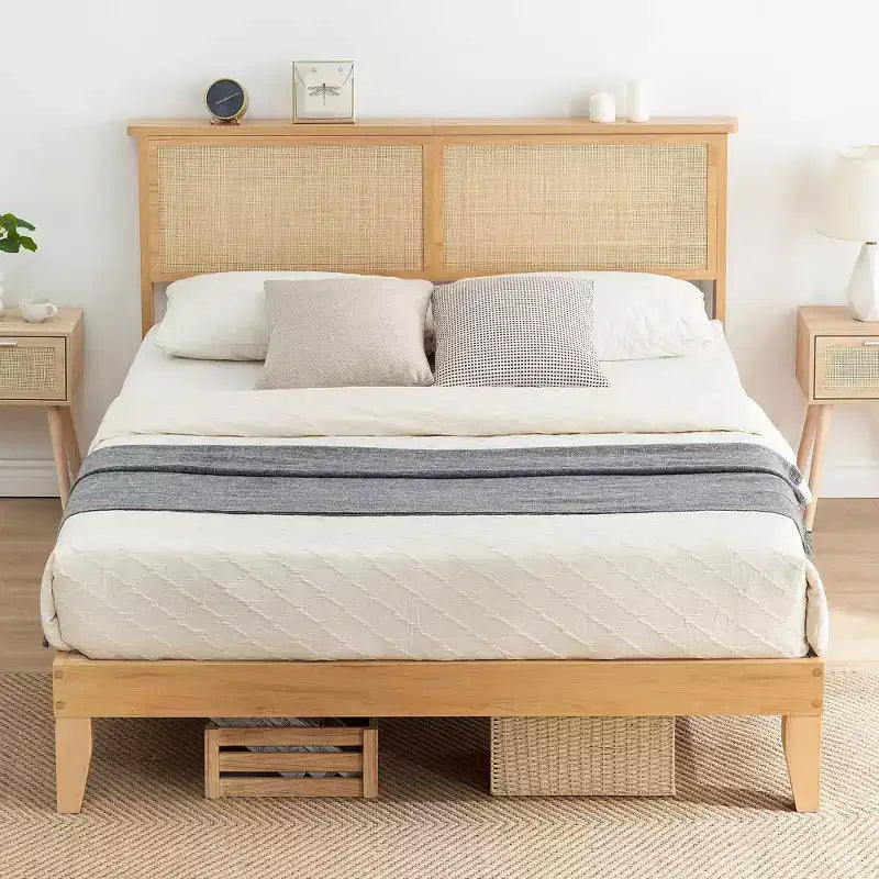 Rattan Bed Frame with Natural Rattan Headboard, Queen Bed Frame with LED Lights, Rattan Queen Bed Frame with Headboard
