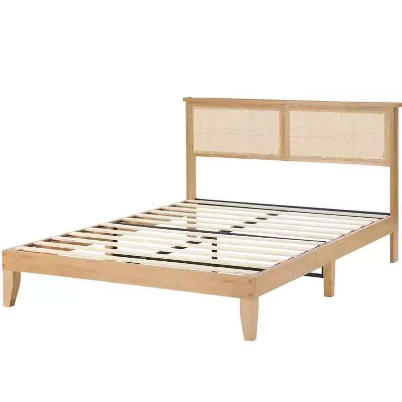 Cadre de lit en rotin avec tête de lit en rotin naturel, cadre de lit Queen avec lumières LED, cadre de lit Queen en rotin avec tête de lit