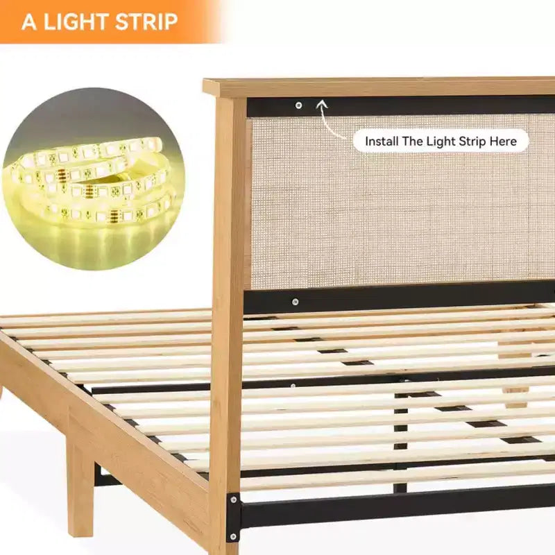 Cadre de lit en rotin avec tête de lit en rotin naturel, cadre de lit Queen avec lumières LED, cadre de lit Queen en rotin avec tête de lit