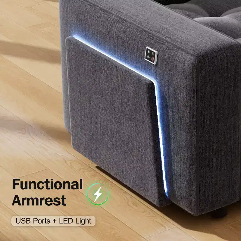 Canapé-lit modulable 7 places Dyonery avec lit gigogne, dossier inclinable, ports USB, table, lumières LED et sièges de rangement