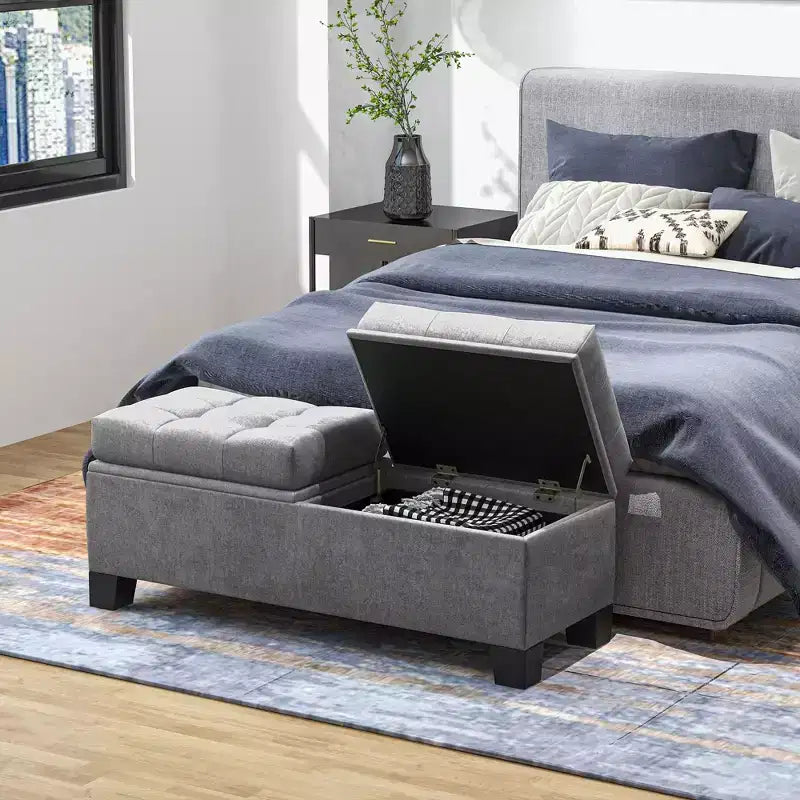 Banc de rangement ottoman Okak moderne à boutons touffetés, avec ouverture par le haut, capitonné, pour chambre à coucher ou entrée