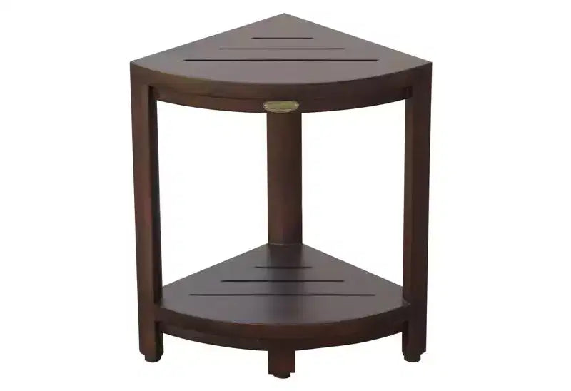 HomeRoots Compact Triangular Teak Shower Outdoor Bench With Shelf In Brown Finish