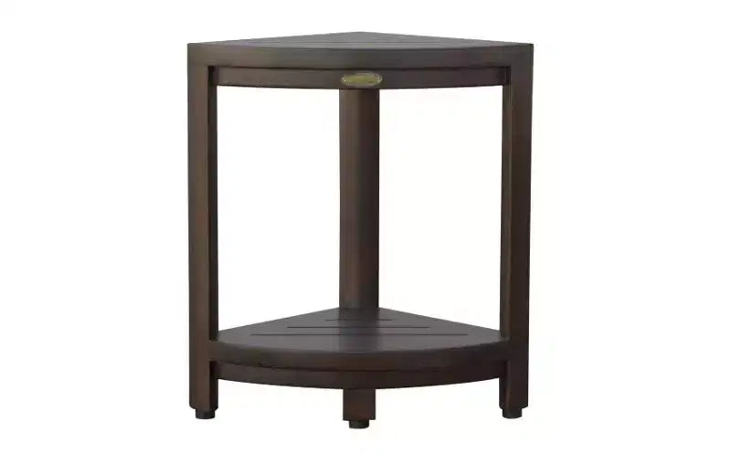 Banc de douche d'extérieur triangulaire compact en teck avec étagère HomeRoots, finition marron