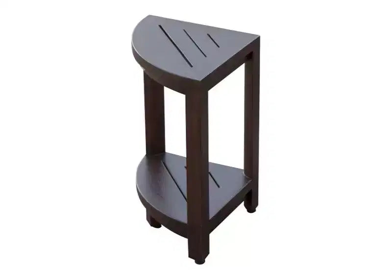 Banc de douche d'extérieur triangulaire compact en teck avec étagère HomeRoots, finition marron