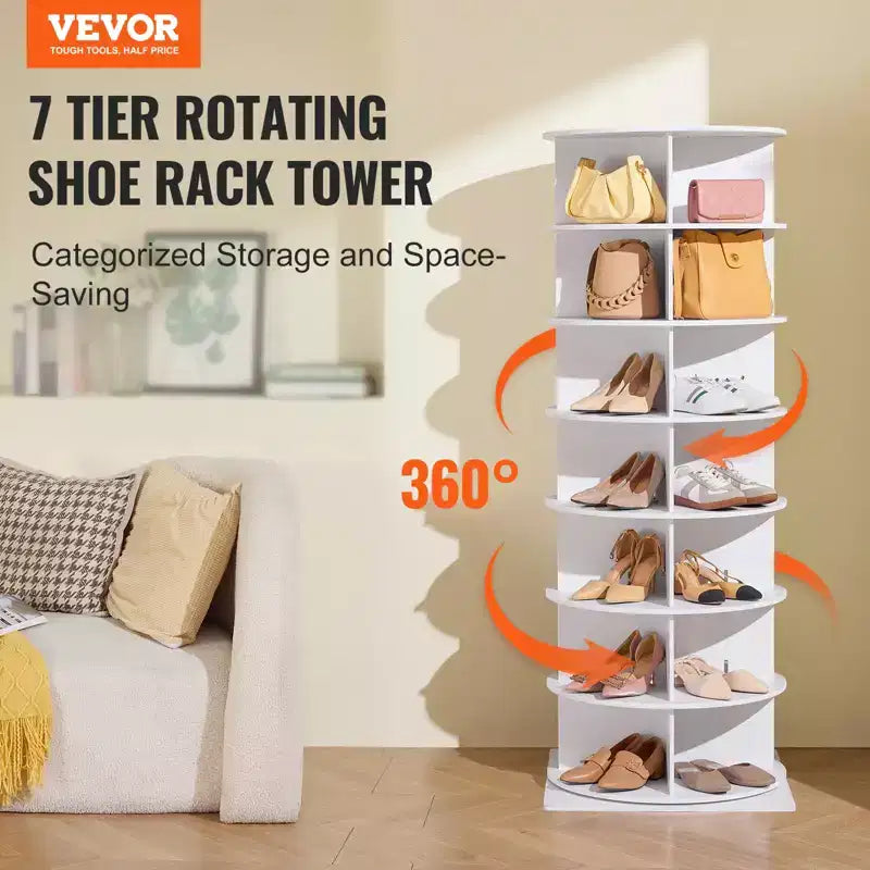 Étagère à chaussures rotative VEVOR à 7 niveaux, présentoir à chaussures pivotant à 360°, carrousel rond de rangement pour chaussures, organiseur de chaussures Lazy Susan, blanc