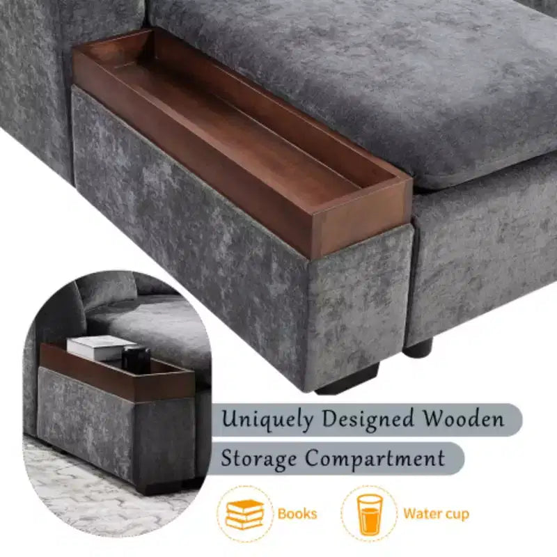 Canapé d'angle moderne en tissu chenille Merax en forme de L avec compartiment de rangement en bois et coussins décoratifs