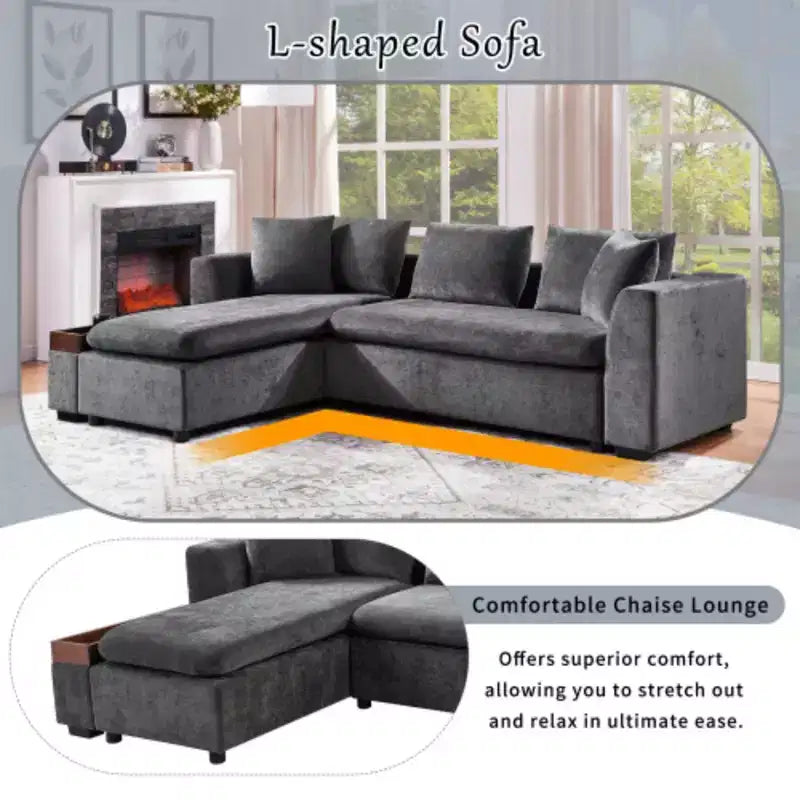 Canapé d'angle moderne en tissu chenille Merax en forme de L avec compartiment de rangement en bois et coussins décoratifs