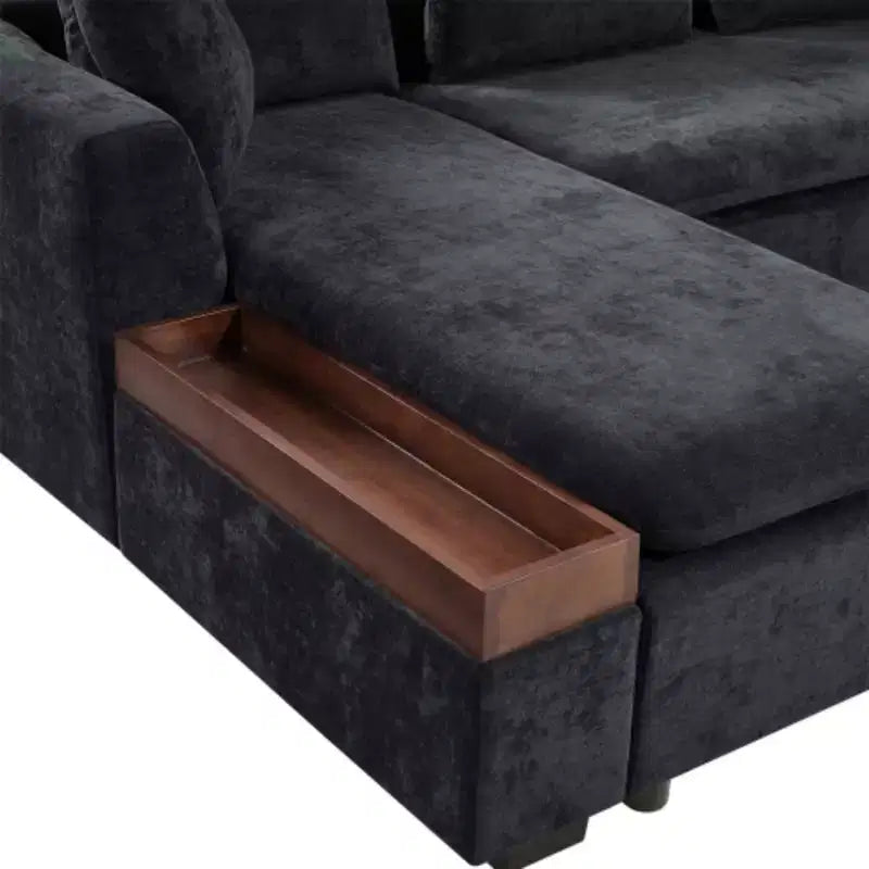 Canapé d'angle moderne en tissu chenille Merax en forme de L avec compartiment de rangement en bois et coussins décoratifs