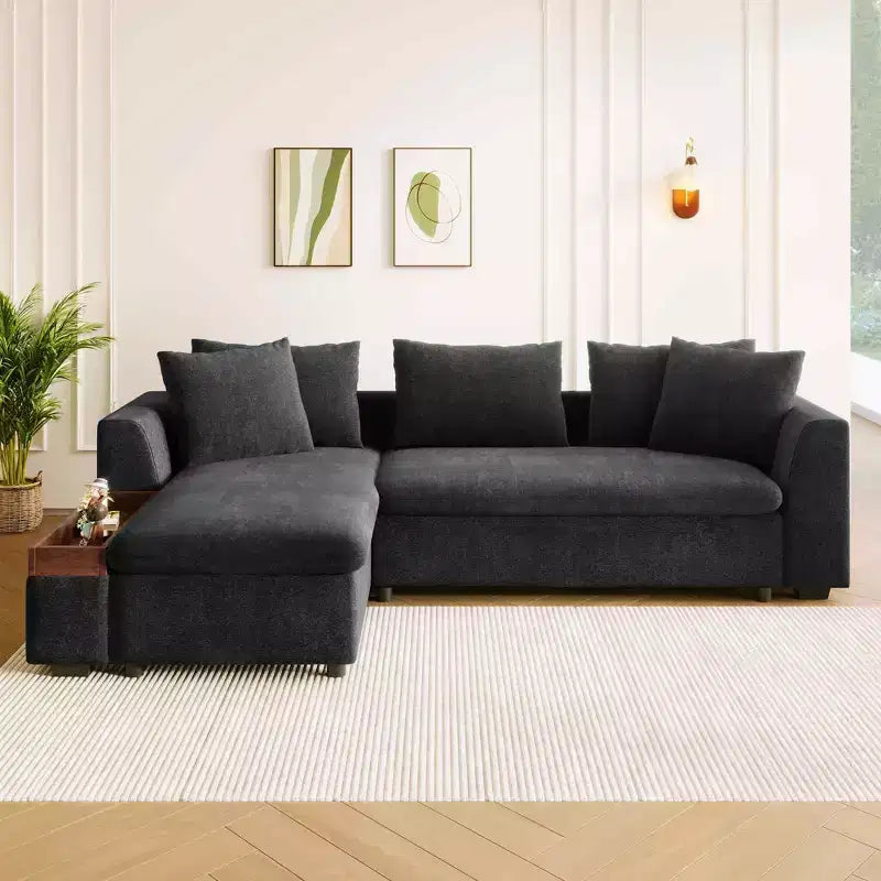 Merax L-Shaped Modern Chenille Fabric Sectional Sofa with Wooden Storage Compartment and Throw Pillows