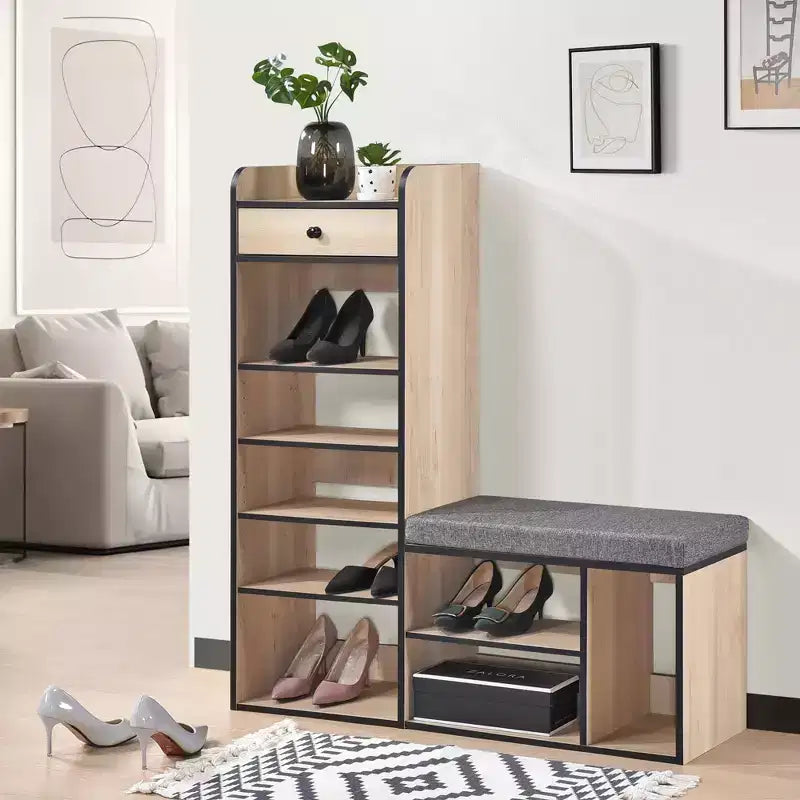 Kings Brand Furniture Julian Shoe Bench  Entryway Storage Bench, Padded Cushion Seat, Drawer Organizer, 7-Shelf Shoe Rack