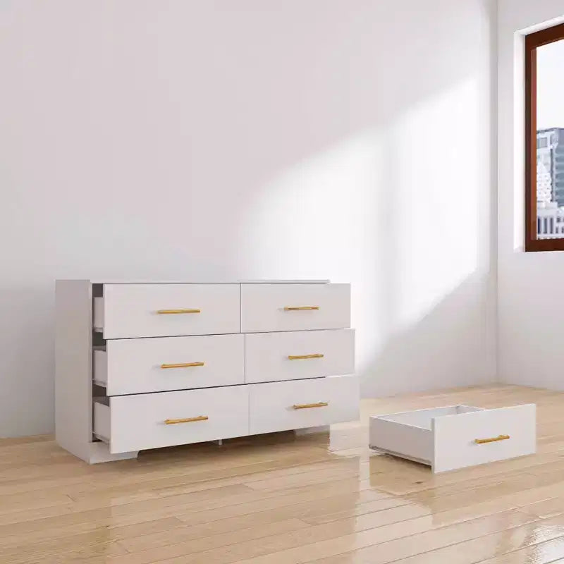 MAYEERTY Armoire blanche à 6 tiroirs, grand meuble de rangement en bois composite pour chambre à coucher ou salon