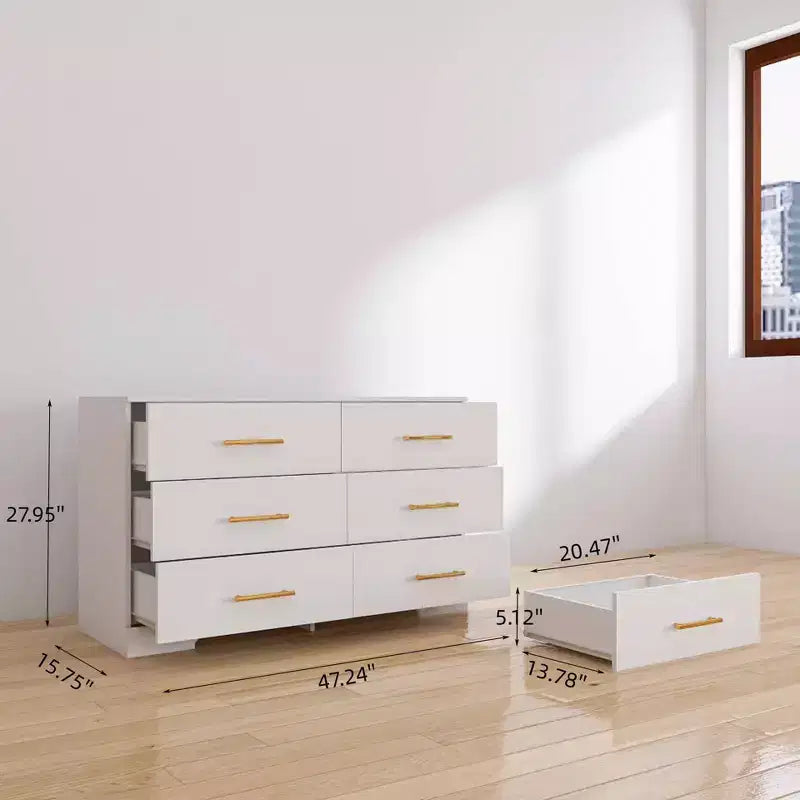 MAYEERTY Armoire blanche à 6 tiroirs, grand meuble de rangement en bois composite pour chambre à coucher ou salon