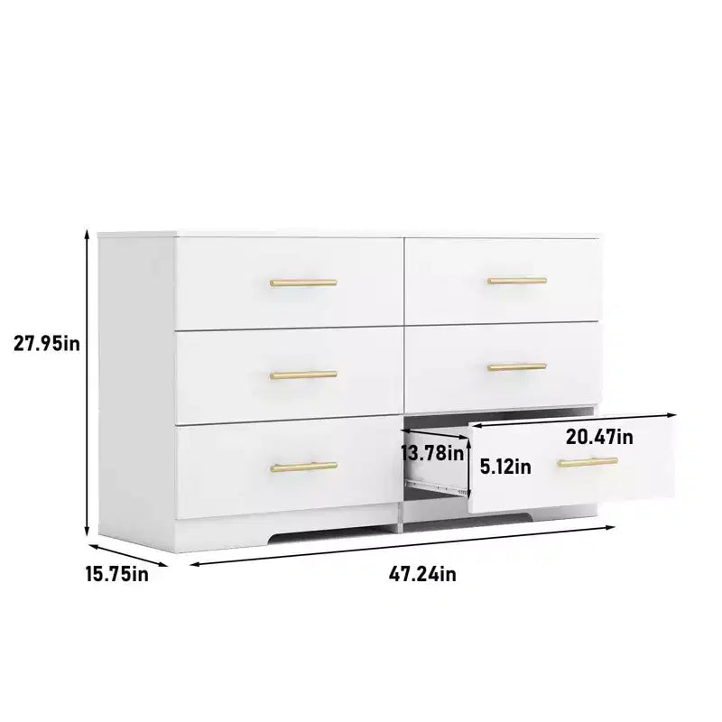 MAYEERTY Armoire blanche à 6 tiroirs, grand meuble de rangement en bois composite pour chambre à coucher ou salon