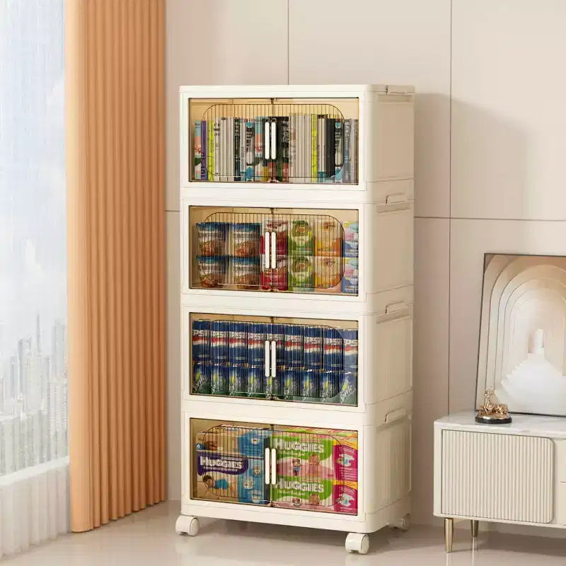 MAYEERTY Meuble de Rangement Pliable en Plastique à 4 Niveaux avec Portes Magnétiques et Roues, Organiseurs et Conteneurs de Rangement Blancs pour Petits Espaces